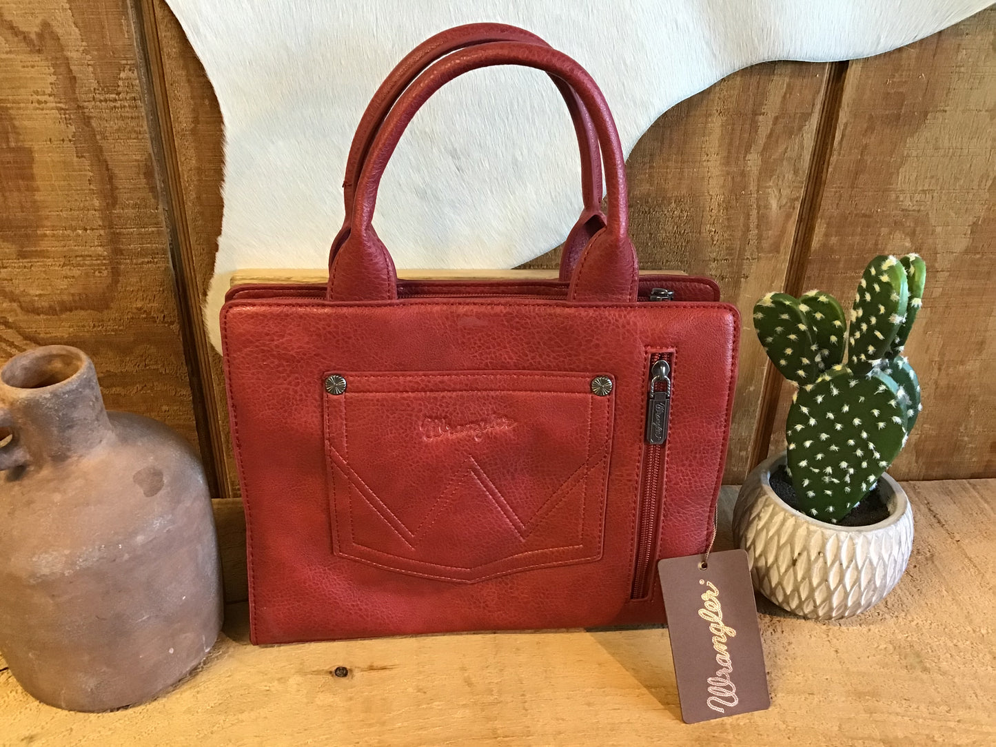 Wrangler Embroidered Trapezoid Tote/Crossbody Red Purse Wrangler