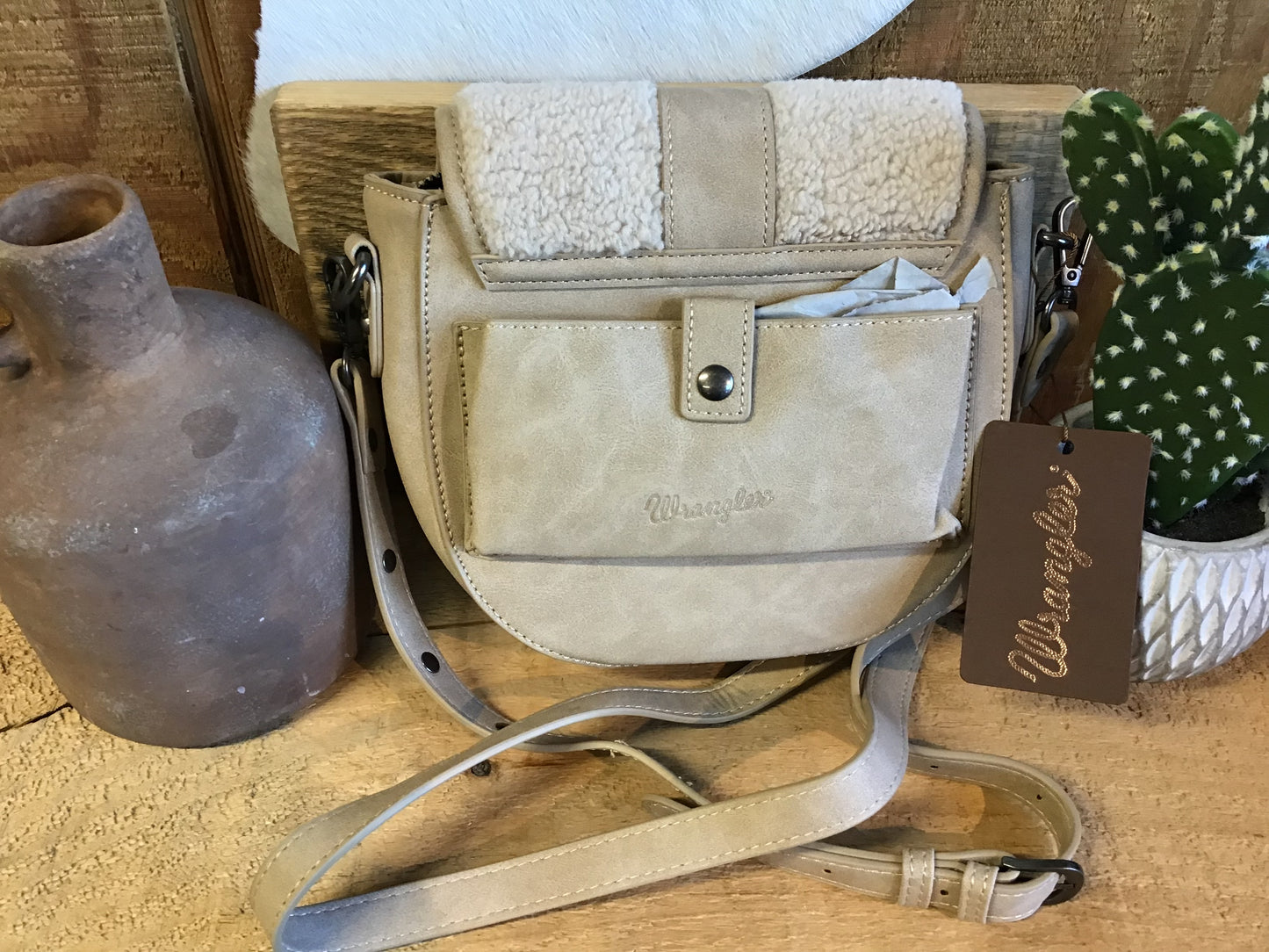 Wrangler Sherpa Saddle Bag Crossbody Khaki Purse Wrangler