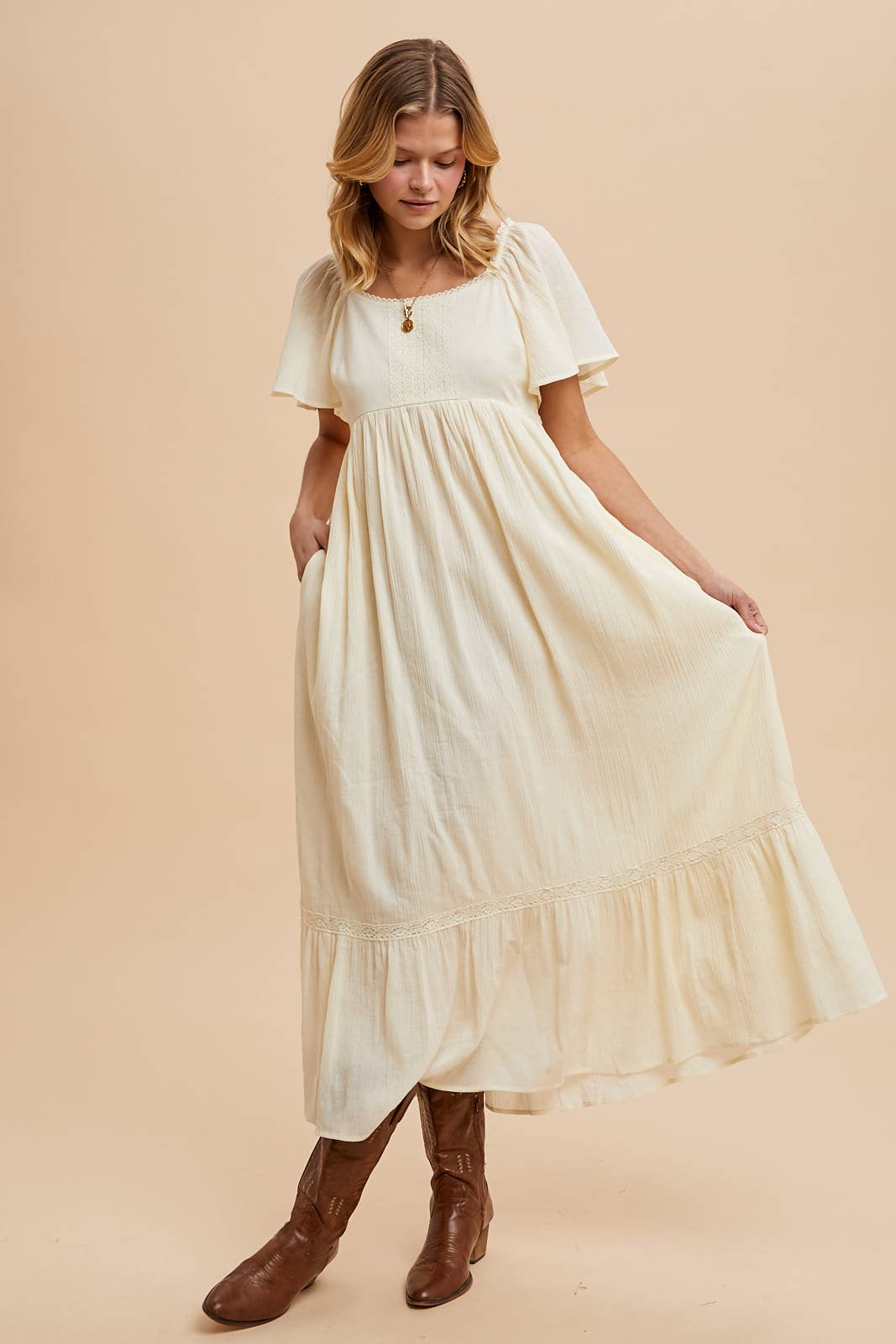 LACE SQUARE NECK DRESS dress VANILLA CREAM S Women's In Loom