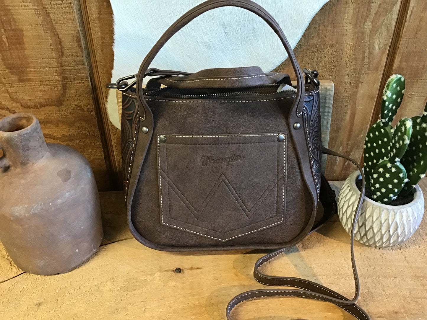 Wrangler Genuine Hair-On Cowhide Tote/Crossbody -Coffee Purse Wrangler
