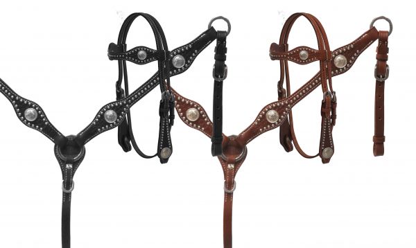 Showman Headstall and breast collar set with silver conchos and basket weave tooling tack Showman
