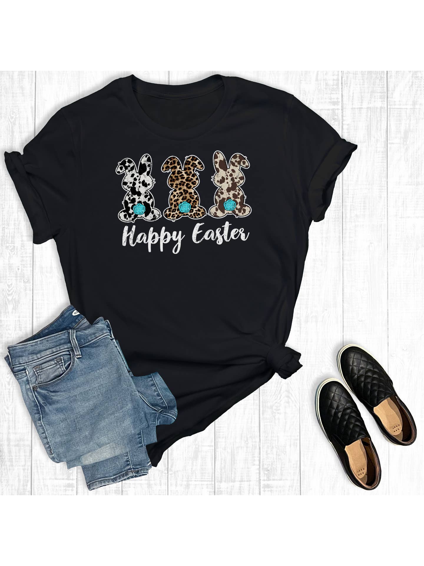 Happy Easter Bunny Trio Graphic Tee T Shirt mom dad grads Double C Western Supply