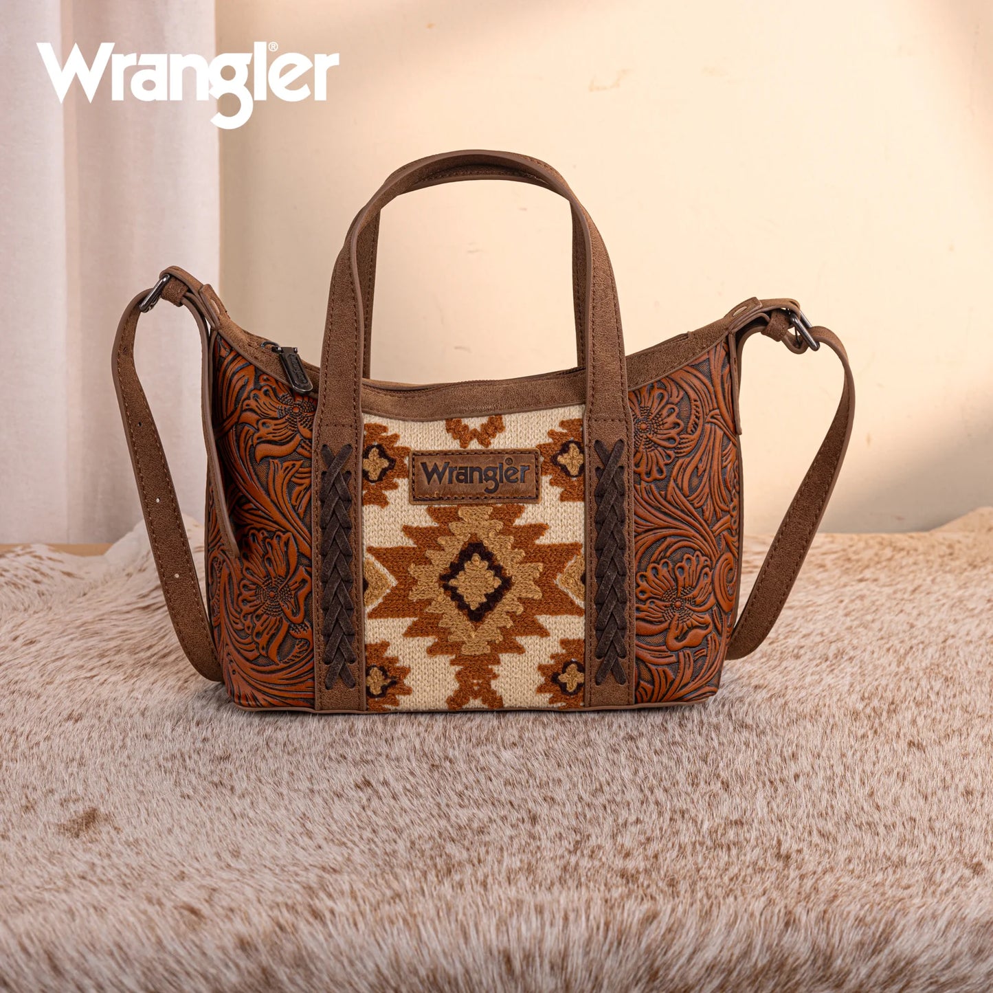 Wrangler Tooled Aztec Pattern Print Tote/Crossbody WG226-8605 Purse Brown Montana West