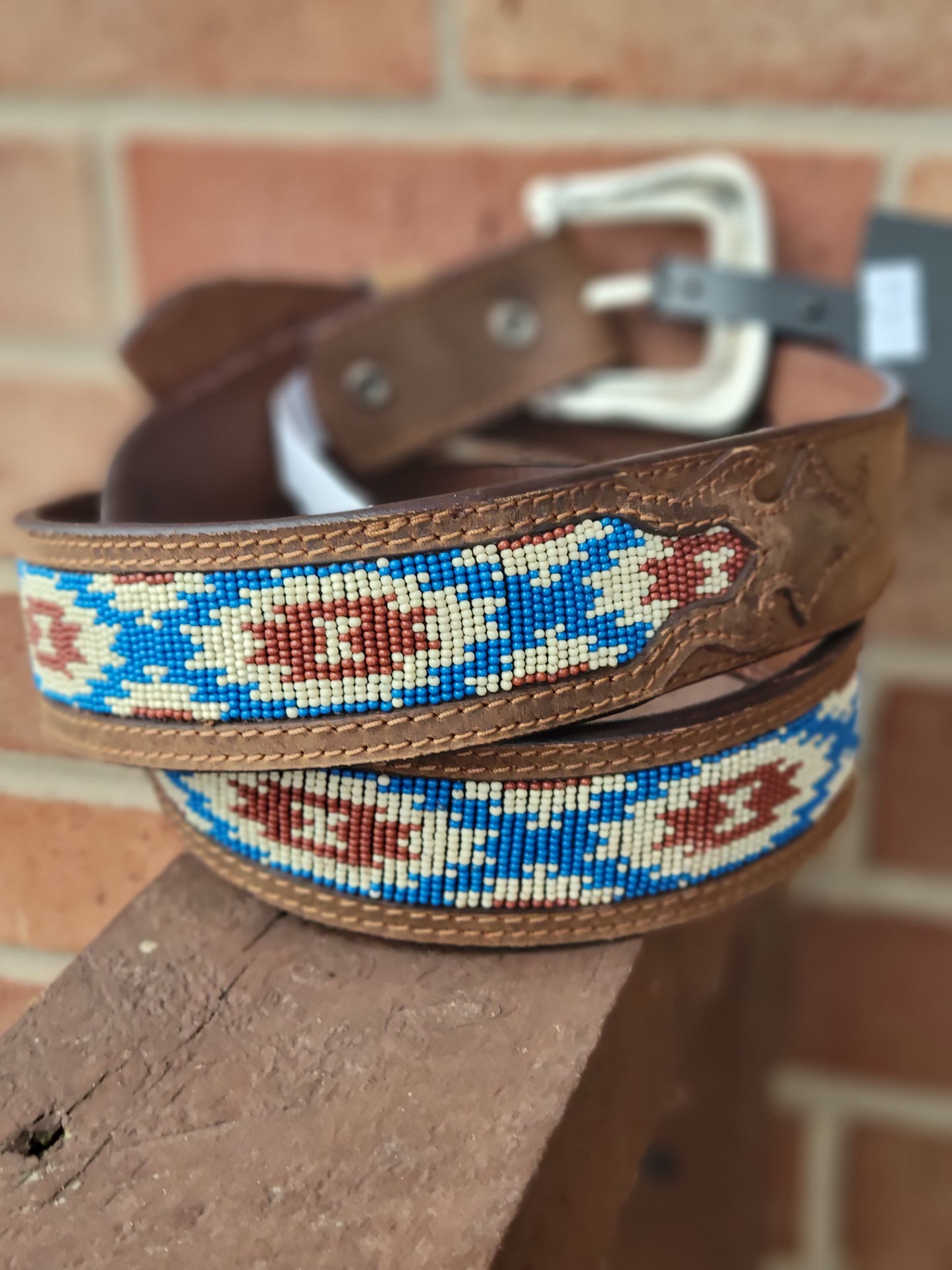 Hooey Mens Tapered White & Blue Beaded Belt Belt Hooey