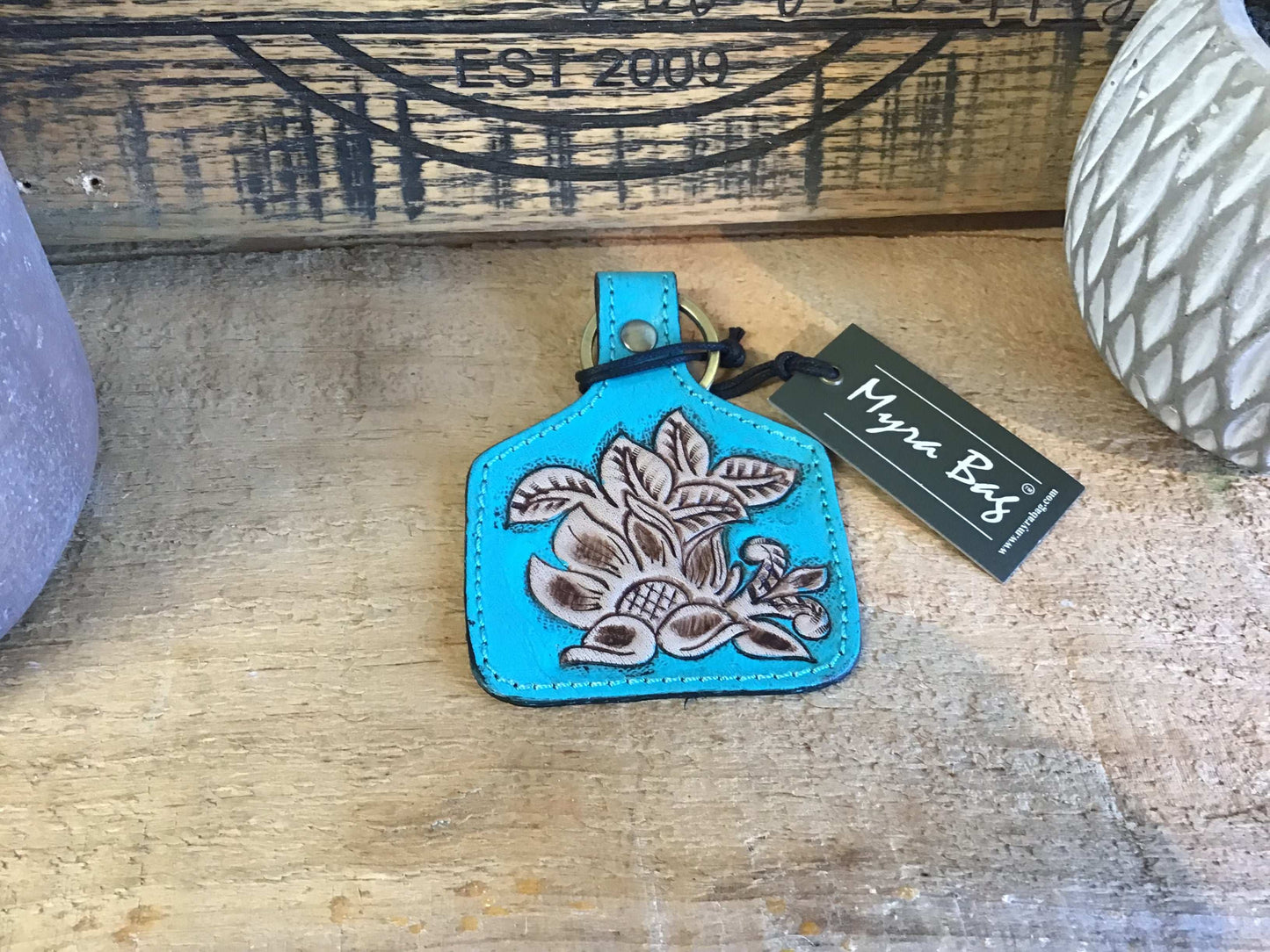 Myra Sprouting Vines Hand-Tooled Key Fob Key Chain Myra