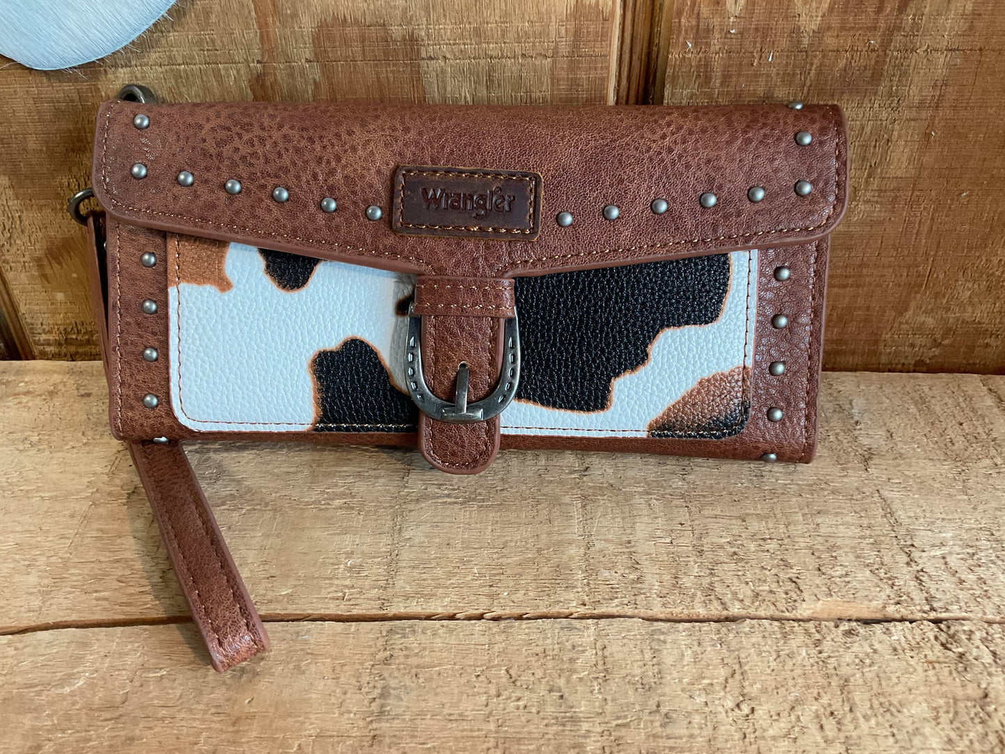 Wrangler Western Cow-Print Tri-fold RFID Wallet/Wristlet With Detachable Credit Card Holder WG195-W054BK/BR wallet Brown Montana West