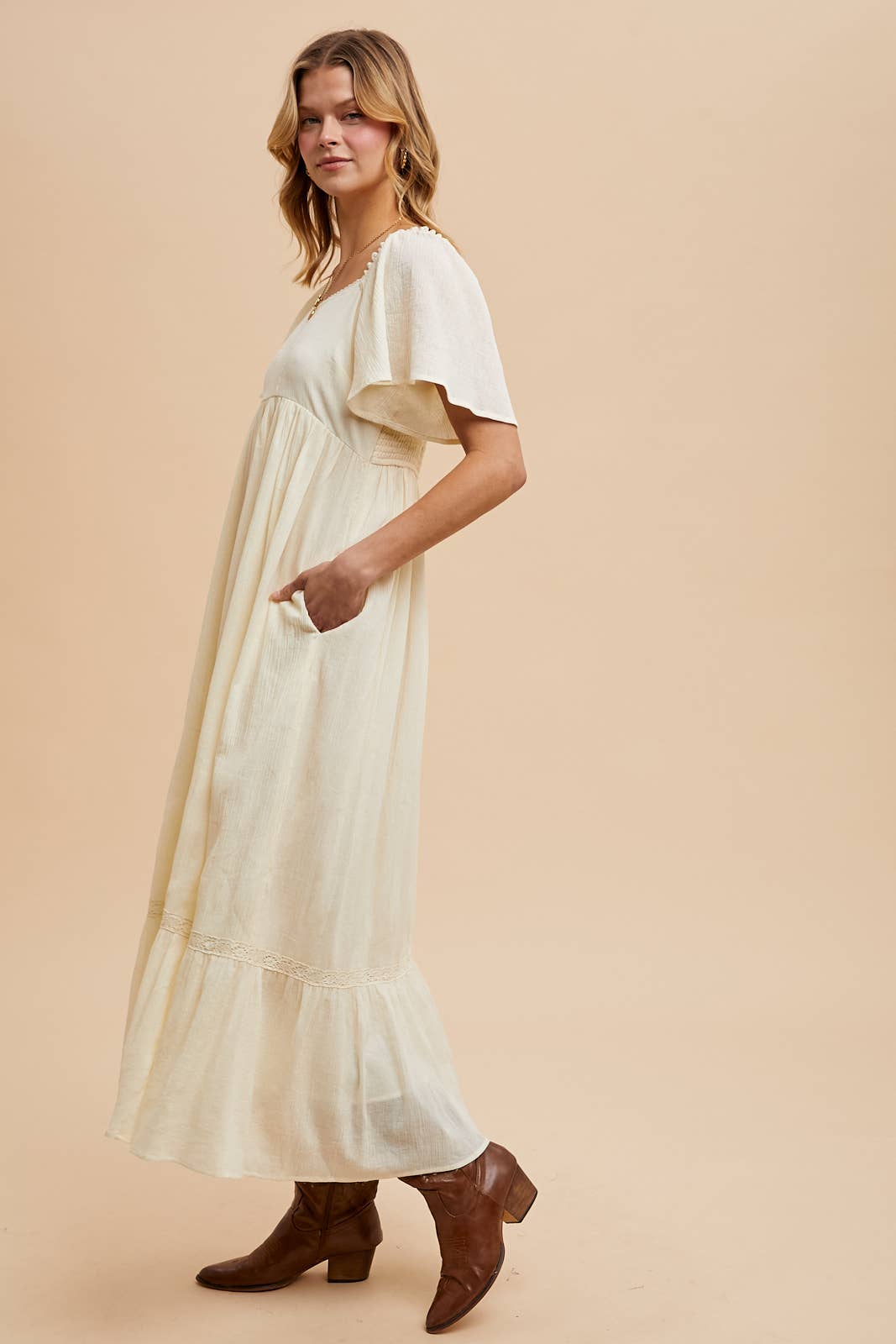 LACE SQUARE NECK DRESS dress VANILLA CREAM M Women's In Loom