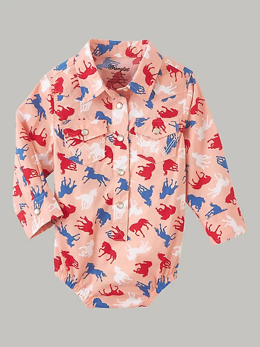 BABY GIRL'S HORSE WESTERN SNAP BODYSUIT IN PINKY Onesie Wrangler