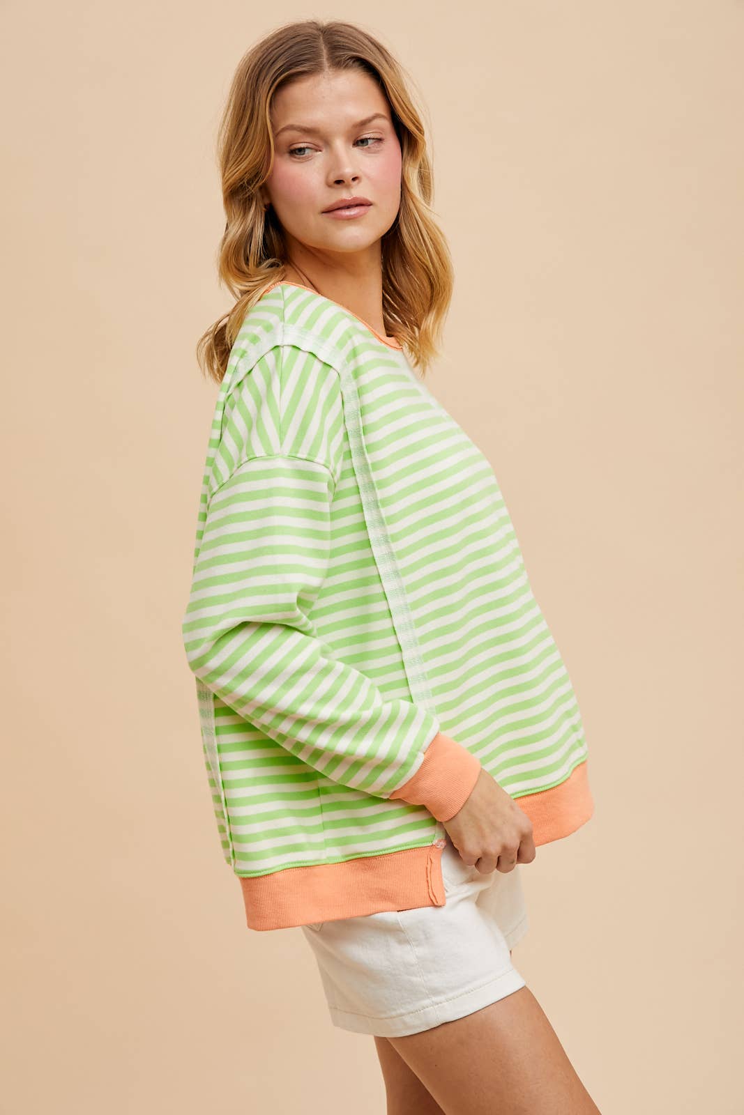 GARMENT WASHED STRIPED TERRY PULLOVER Shirt LIME CREAM M Women's In Loom