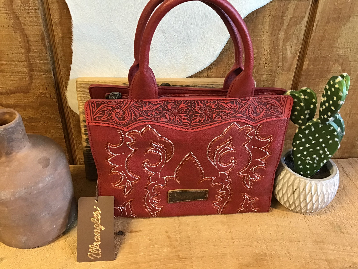 Wrangler Embroidered Trapezoid Tote/Crossbody Red Purse Wrangler
