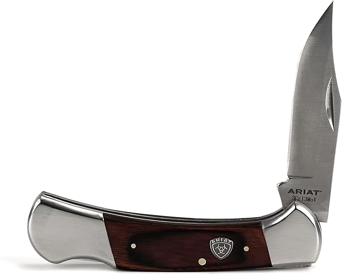 ARIAT Large Folding Knife - 3-3/8" Smooth 3CR13 Steel Blade with Back Lock and Brown Wood Handle Knife M&F