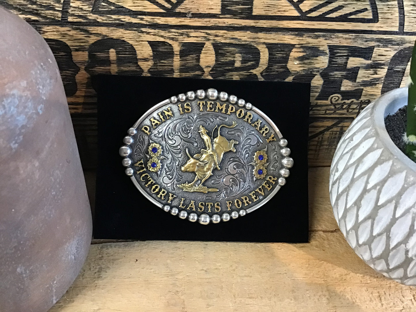 Pain Is Temporary Bull Riding Attitude Buckle Belt Buckle Women's Montana Silversmiths