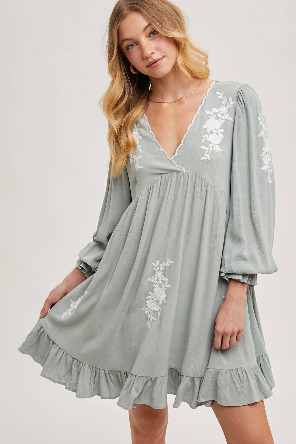 EMBROIDERED V-NECK RUFFLED DRESS dress SAGE Women's Bluivy
