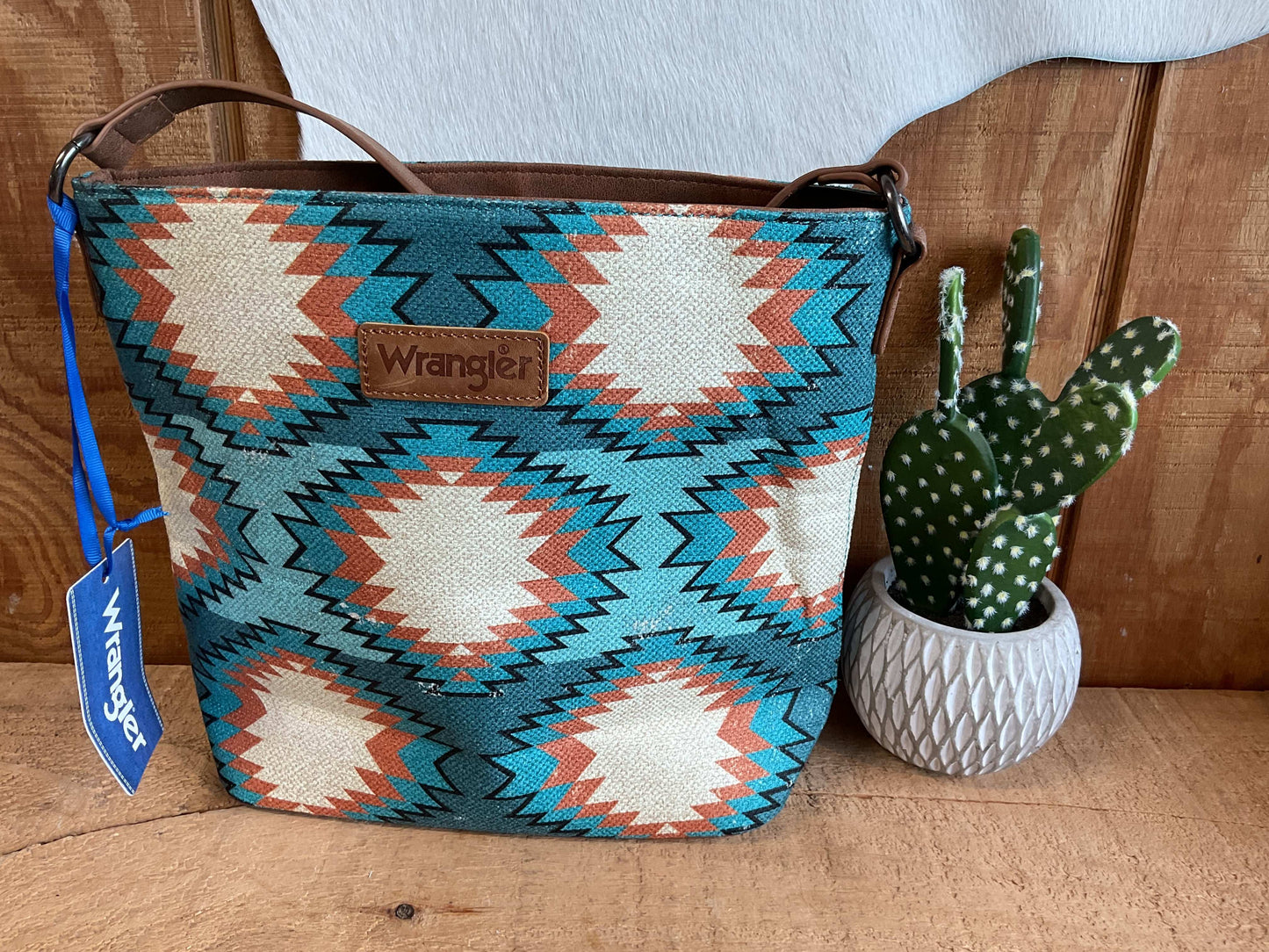 Wrangler Aztec Distressed Print Dual Sided Hobo/Crossbody WG221-918 Purse Turquoise Montana West