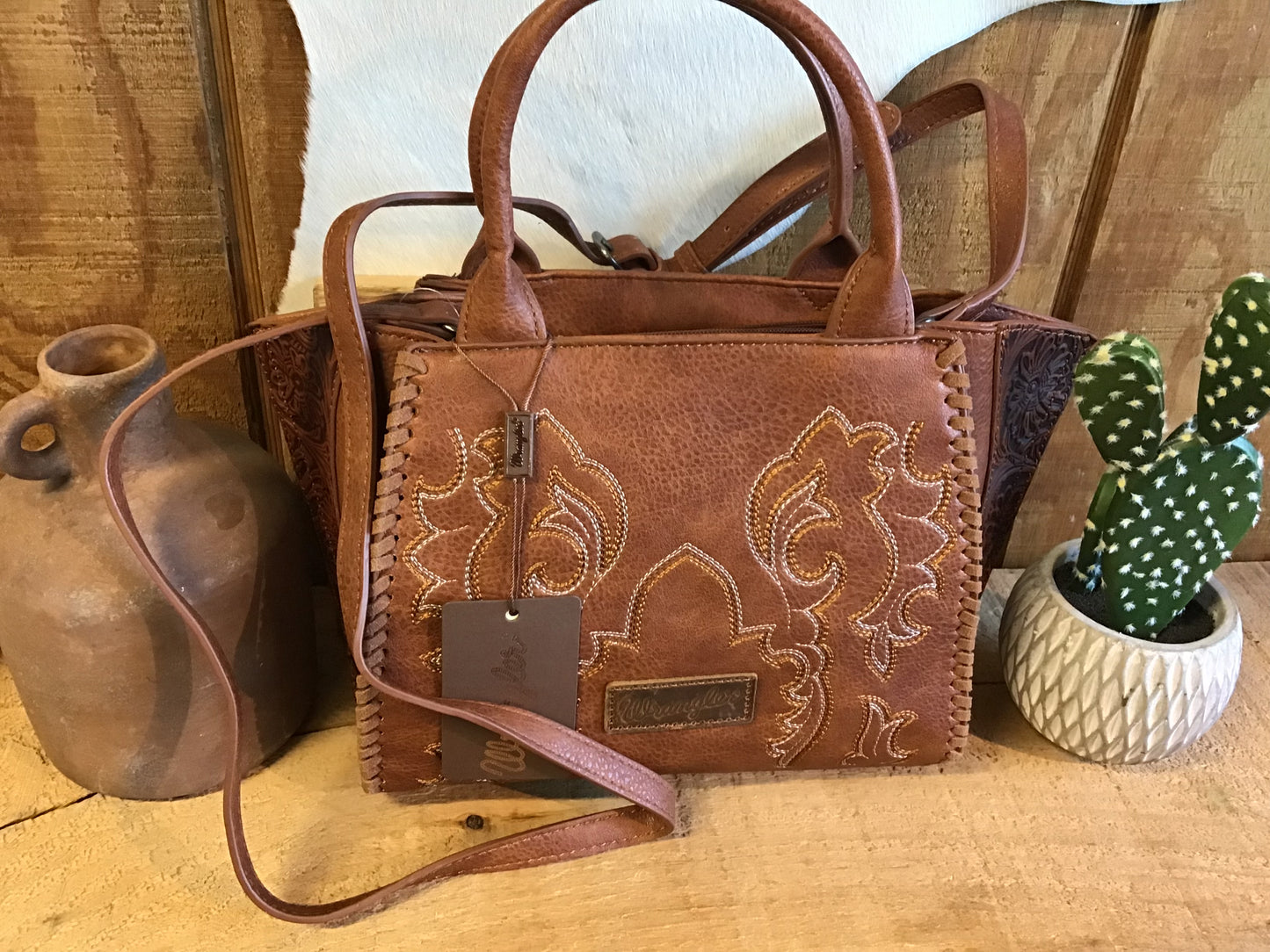 Wrangler Embroidered Trapezoid Tote/Crossbody Purse Wrangler