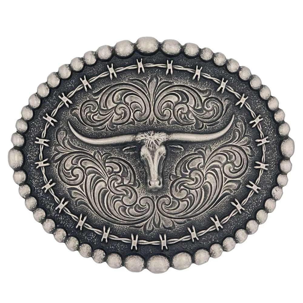 Rustic Barbed Wire Longhorn Buckle A972S Belt Buckle Montana Silversmiths