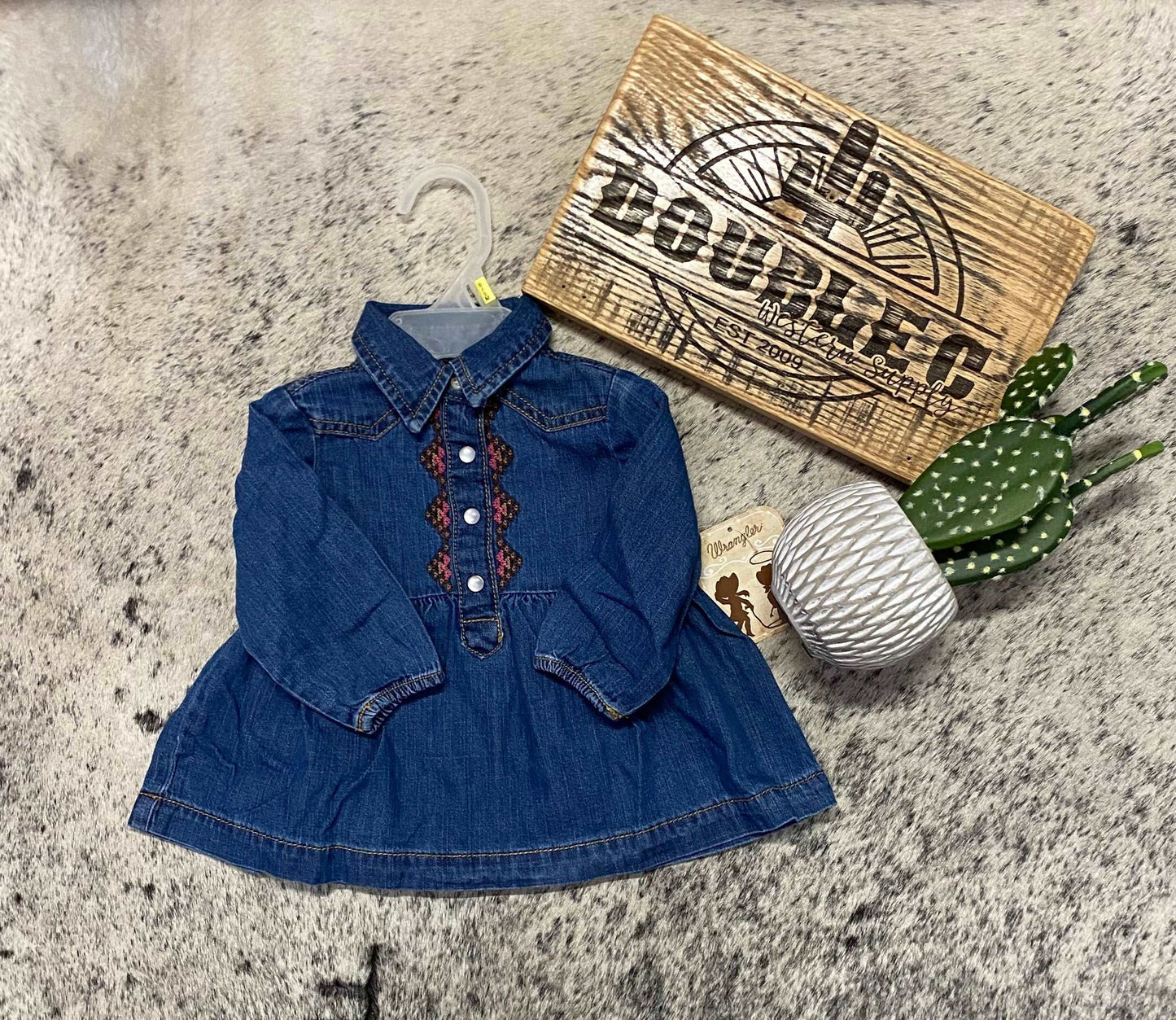Wrangler Baby Girl's Long Sleeve Embroidered Denim Dress in Dark Wash Children’s Clothing Wrangler WRANGLER
