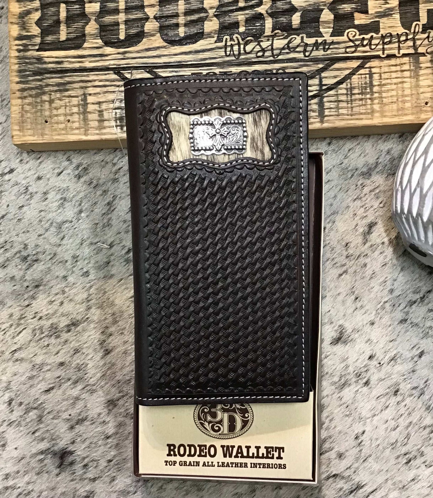 3D Western Men's Wallet Rodeo Leather Calf Hair Inlay Concho Brown wallet M & F