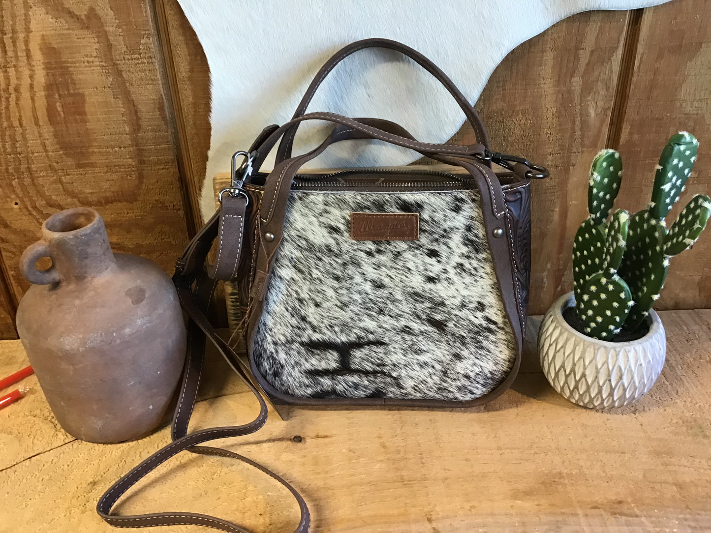 Wrangler Genuine Hair-On Cowhide Tote/Crossbody -Coffee Purse Wrangler
