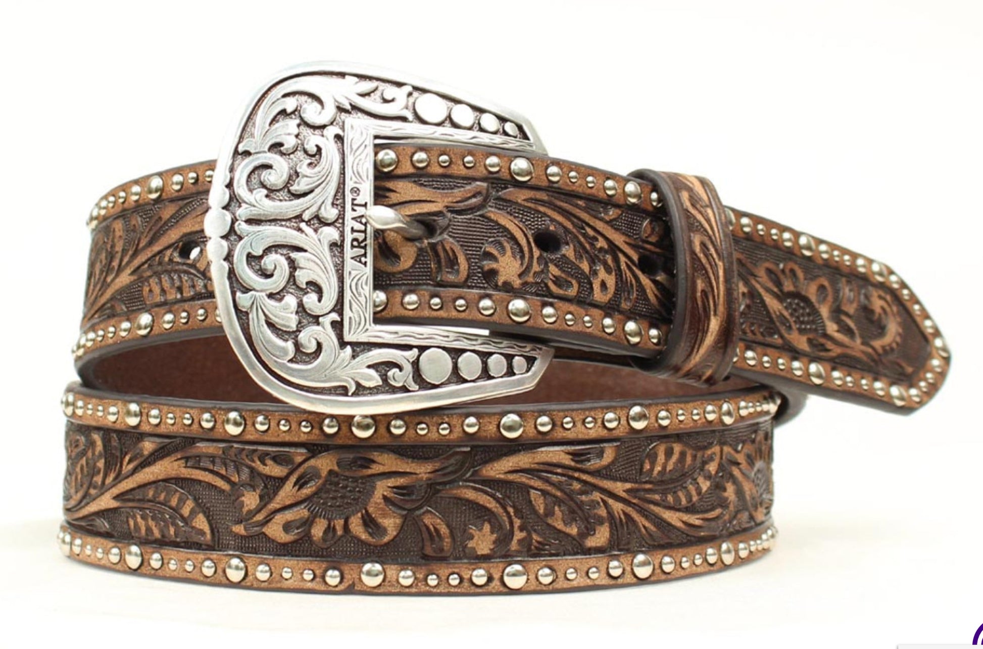 ARIAT WOMEN'S TOOLED & STUDDED LEATHER BELT Belts Women's Ariat