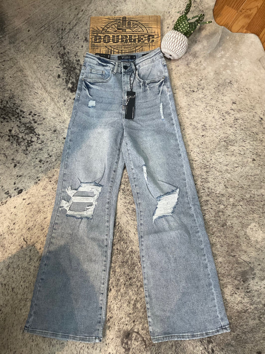 Light Wash High Rise Distressed Trouser Jeans JE316-LW Jeans Lucky & Blessed