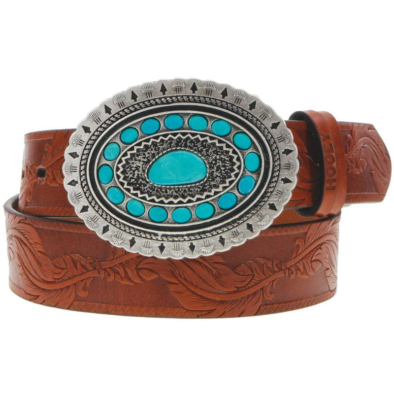 SIOUX" HOOEY LADIES BELT NATURAL /BROWN W/TURQUOISE RODEO BUCKLE Women's Hooey