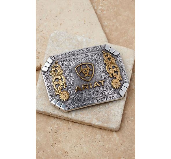 Ariat Silver With Gold Accent Scrolling Floral Logo Shield Rectangle Belt Buckle