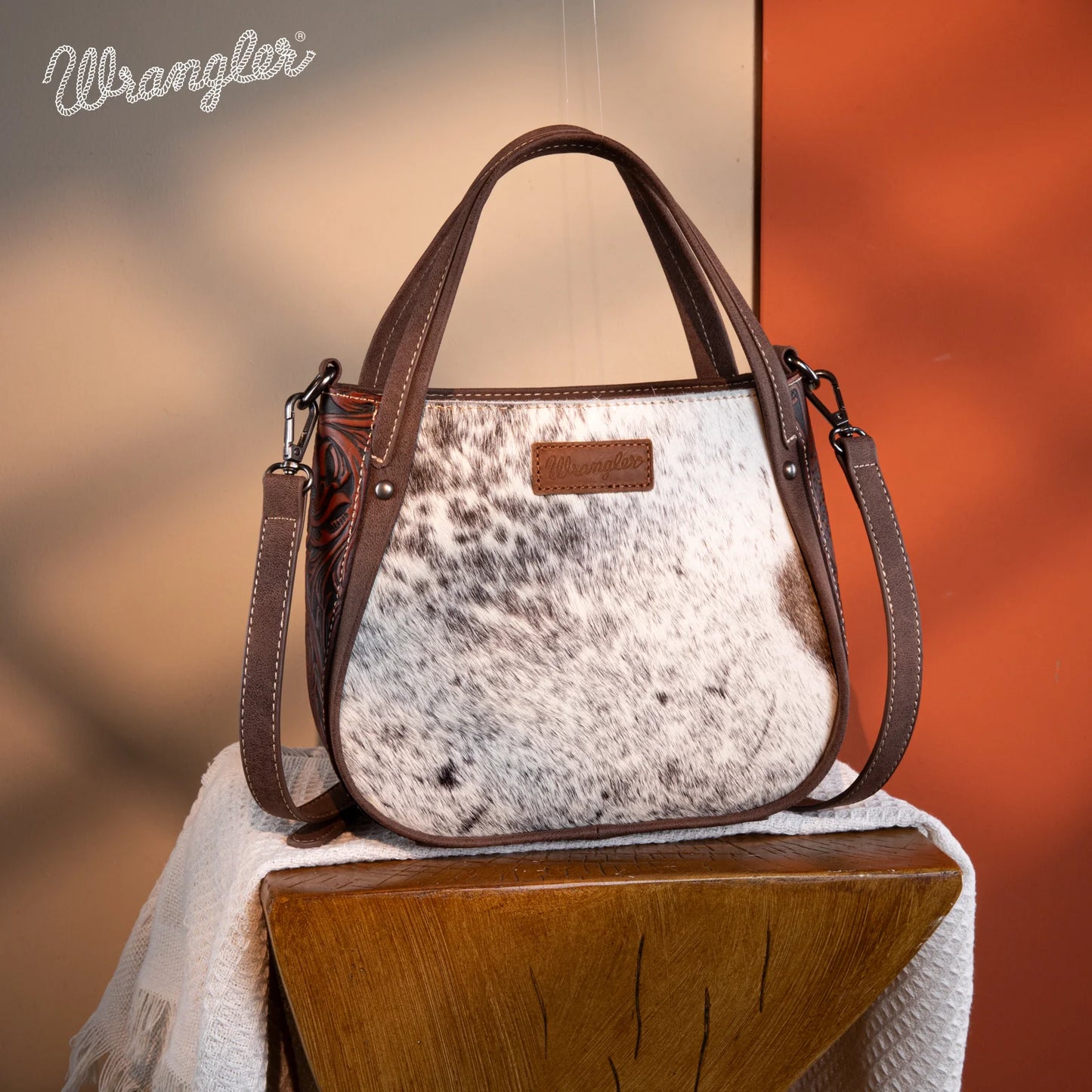 Wrangler Genuine Hair-On Cowhide Tote/Crossbody -Coffee Purse Wrangler