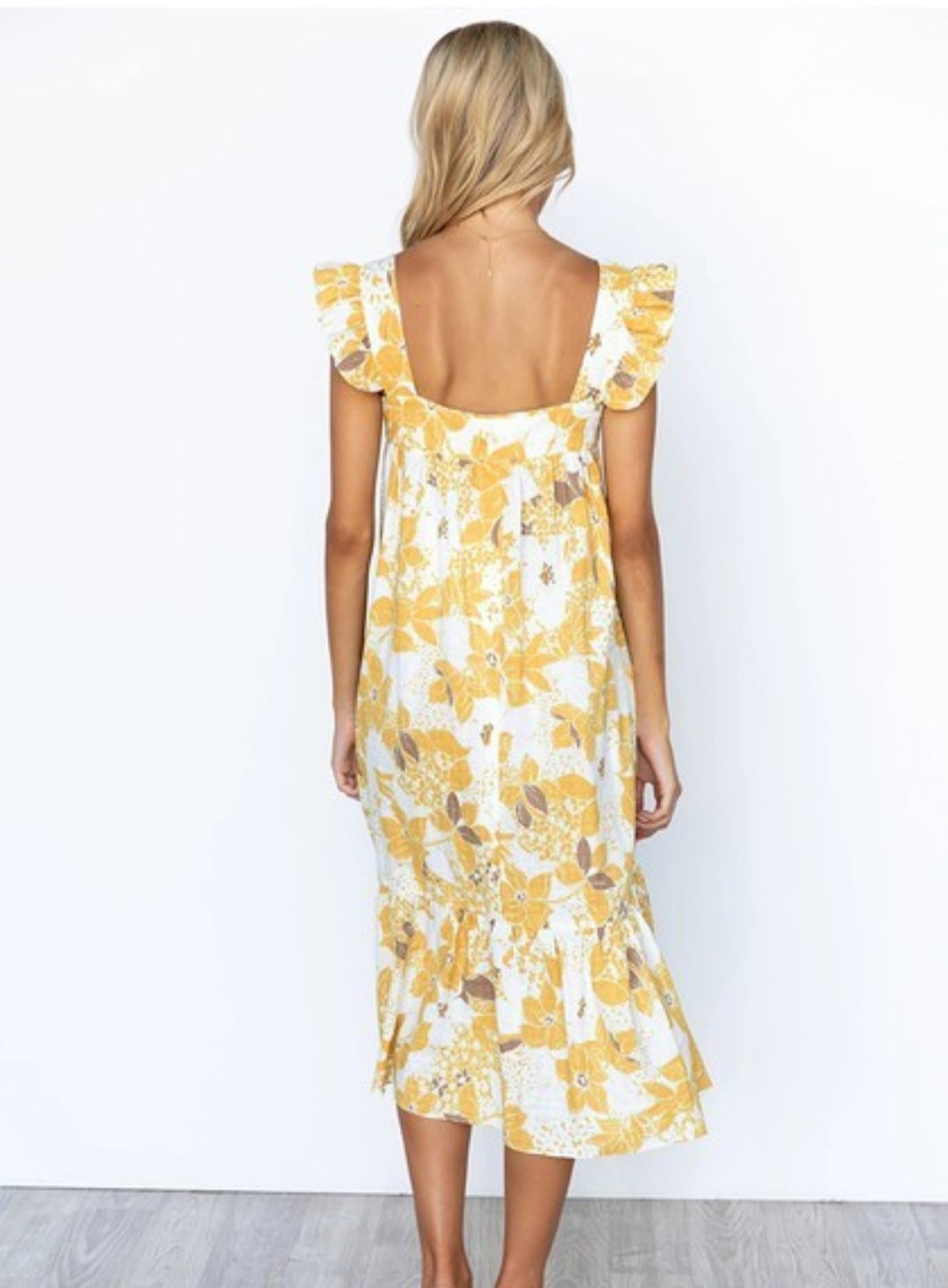 Floral Print Ruffle Midi Dress/Yellow Double C Western Supply