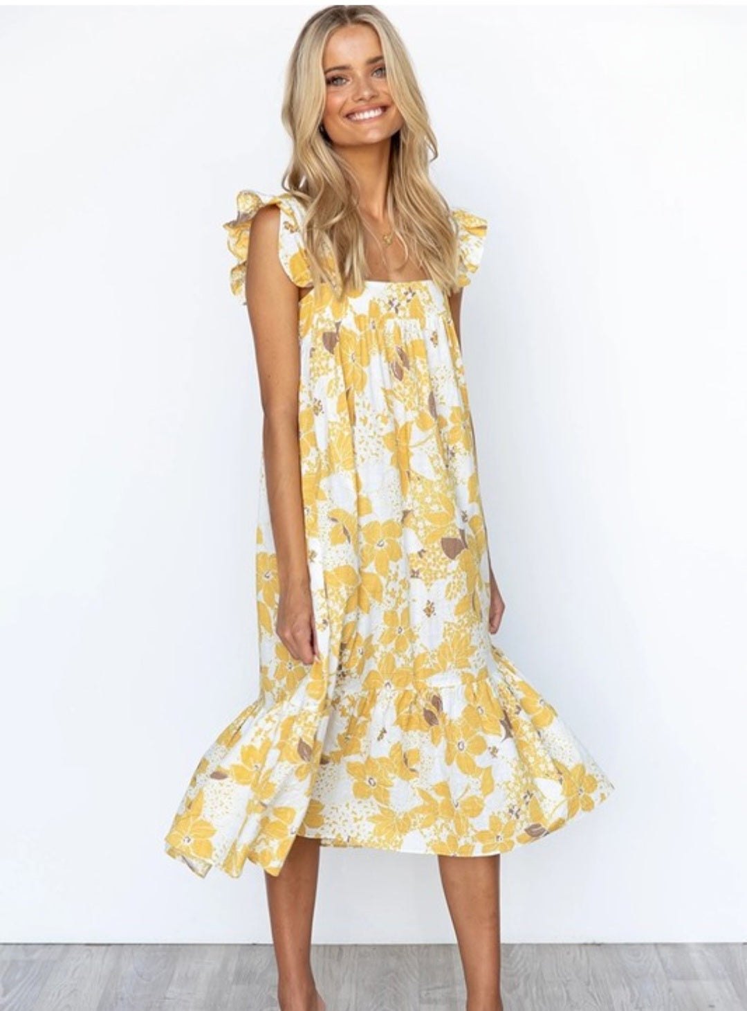 Floral Print Ruffle Midi Dress/Yellow Double C Western Supply