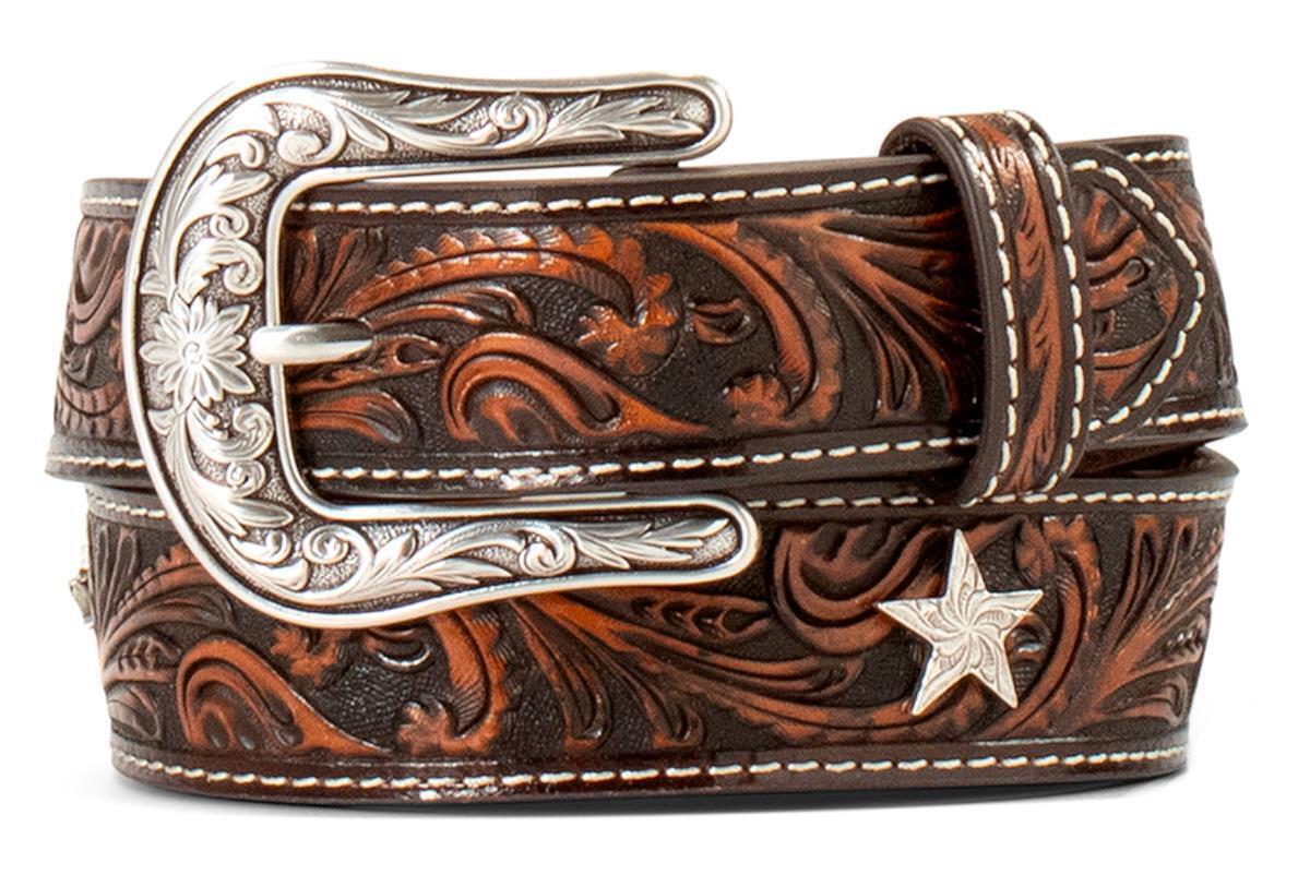 Ariat Western Girls Belt Leather Embossed Star Conchos Brown Belt M & F