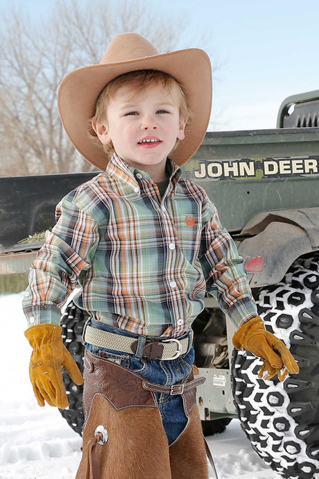 Cinch olive and orange plaid long sleeve Cinch