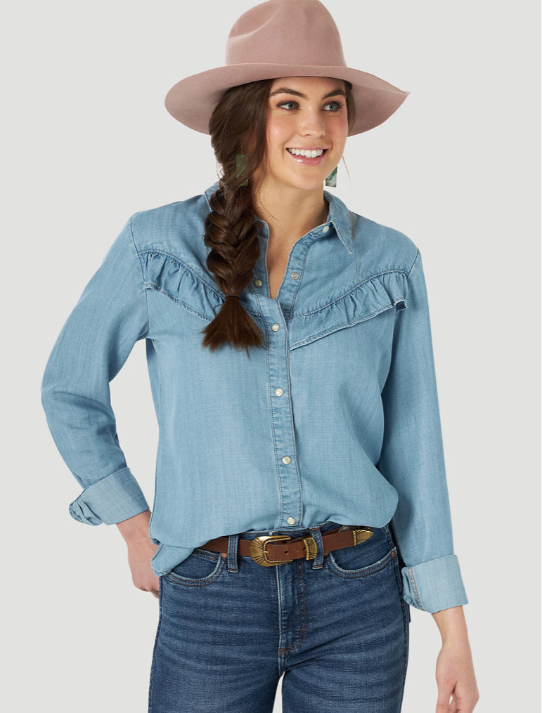 Wrangler Womens Ruffle Denim Snap Shirt – Double C Western Supply