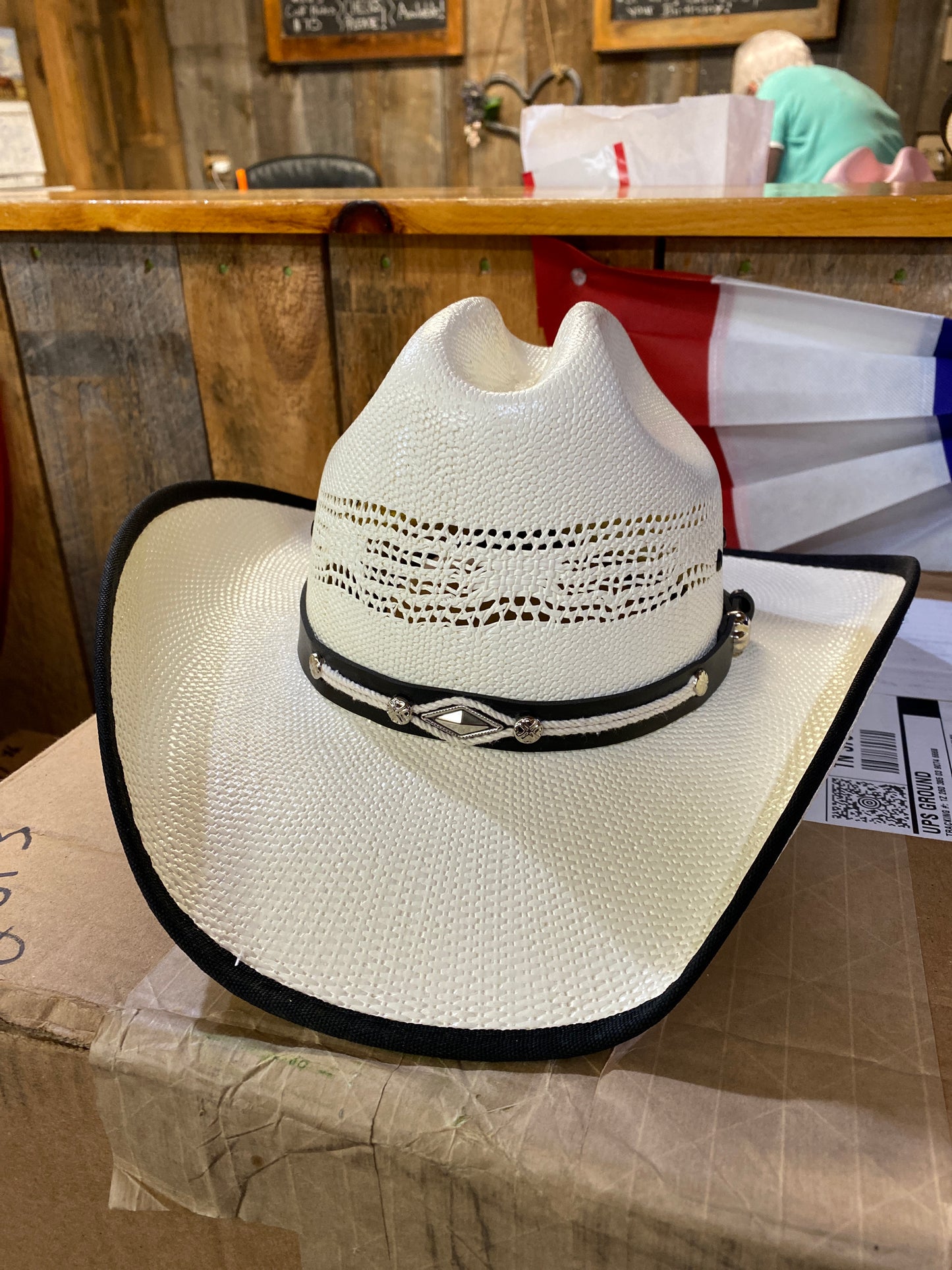 Bangora Hat Leather and RopeBand Black Trim cowboy hat L xl Western express