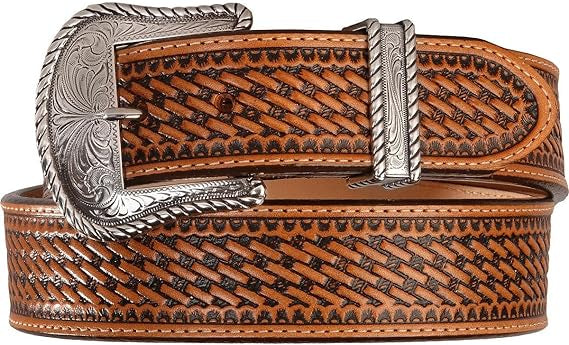 Men's Western and work leather belts from Ariat and Justin, featuring rugged designs and durable materials