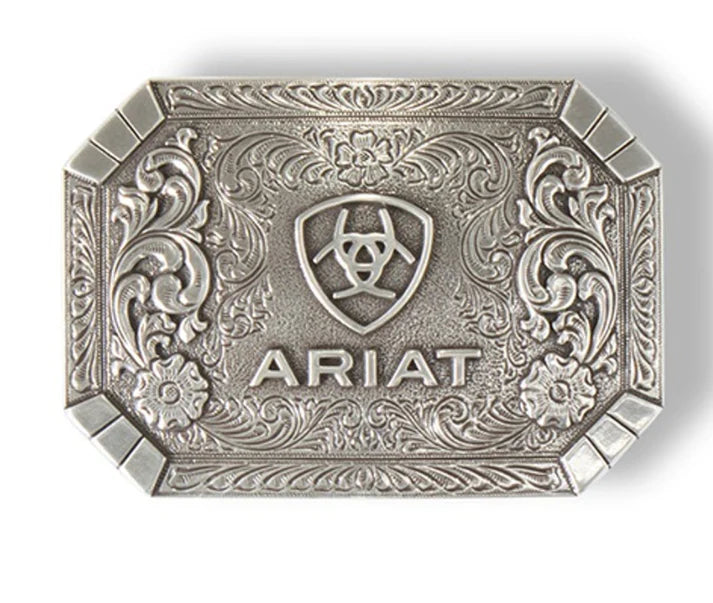 Western Ariat belt buckle featuring classic cowboy design and durable craftsmanship.