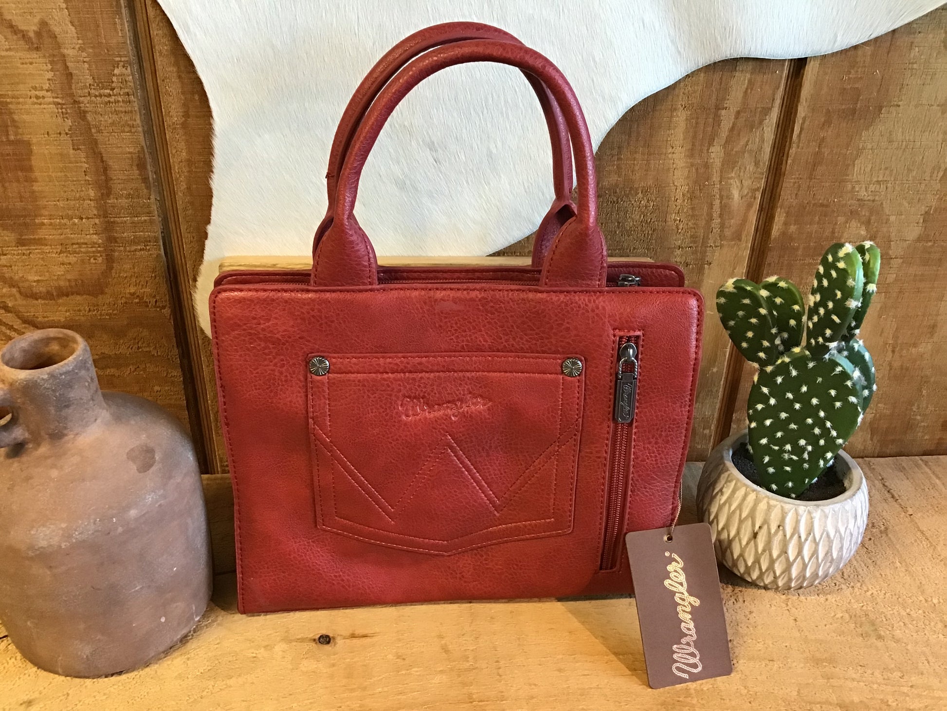 Wrangler Embroidered Trapezoid Tote/Crossbody Red Purse Wrangler
