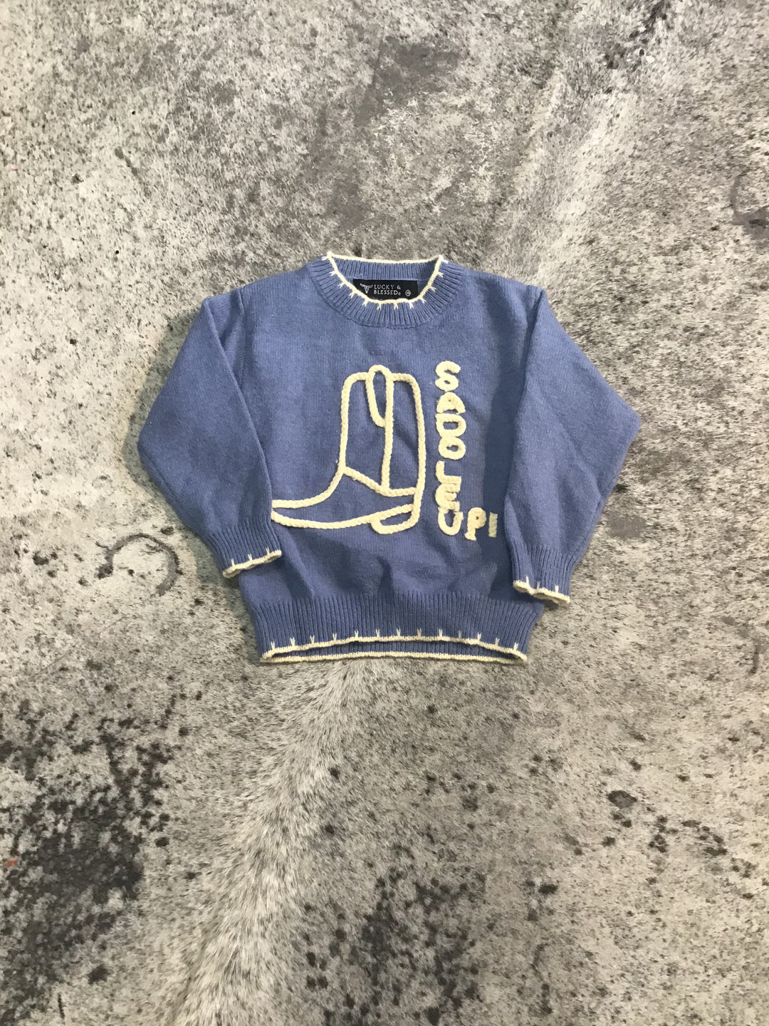 Kids Blue Knit Sweater - Saddle Up Western Cowboy Boot Design