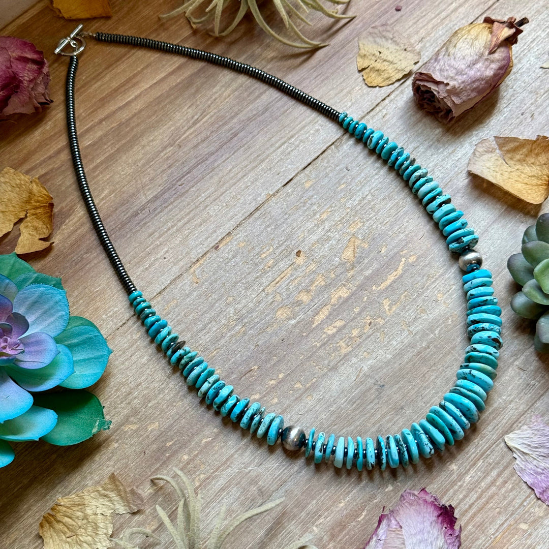 23” Ice Blue Turquoise Graduated Necklace – Sterling Silver & Hematite Necklaces Shopify Collective The Bijoux FAB Jewelry The Bijoux FAB Jewelry