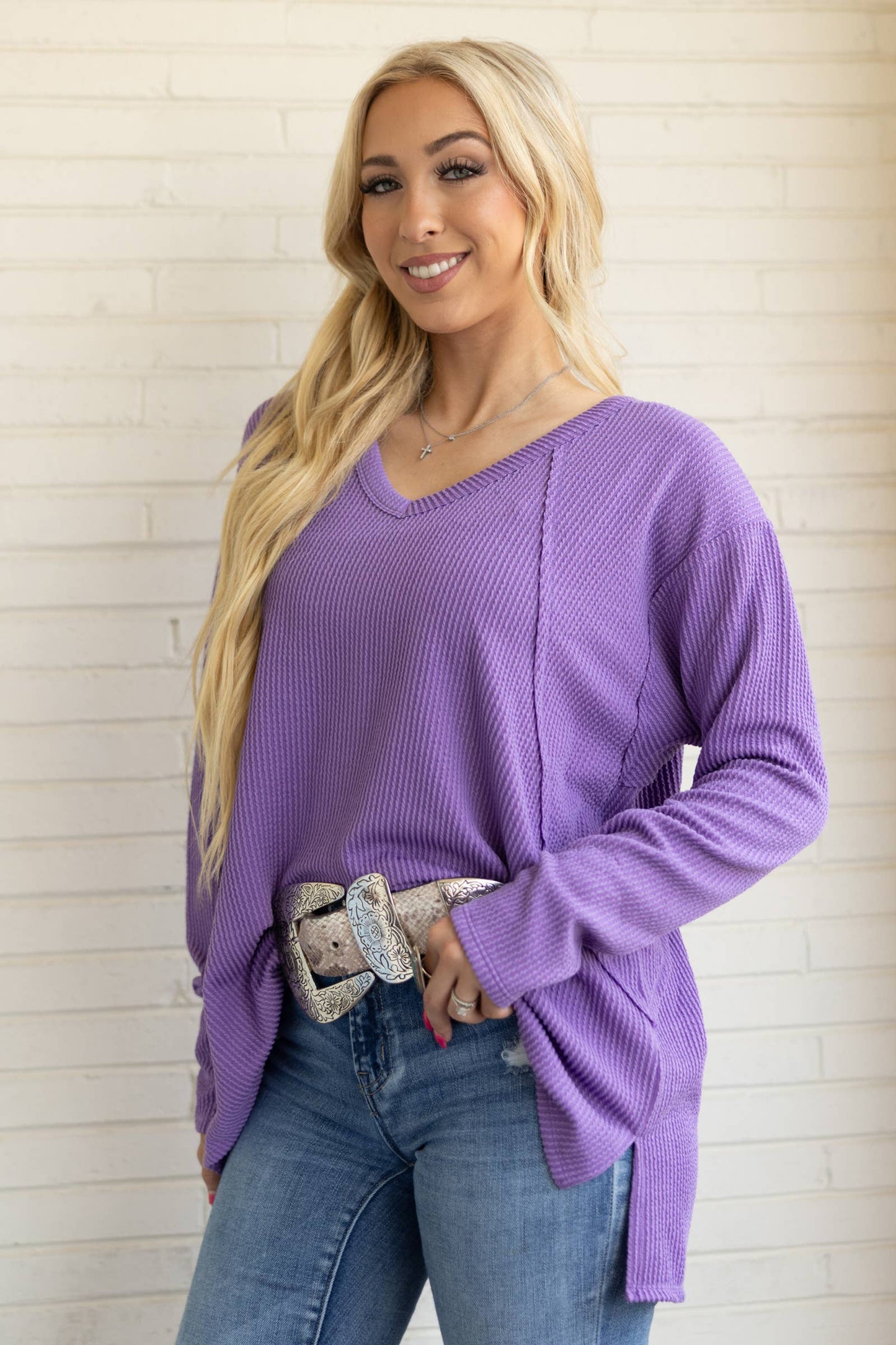 Curly Rib V Neck Long Sleeve Top Andrée by Unit