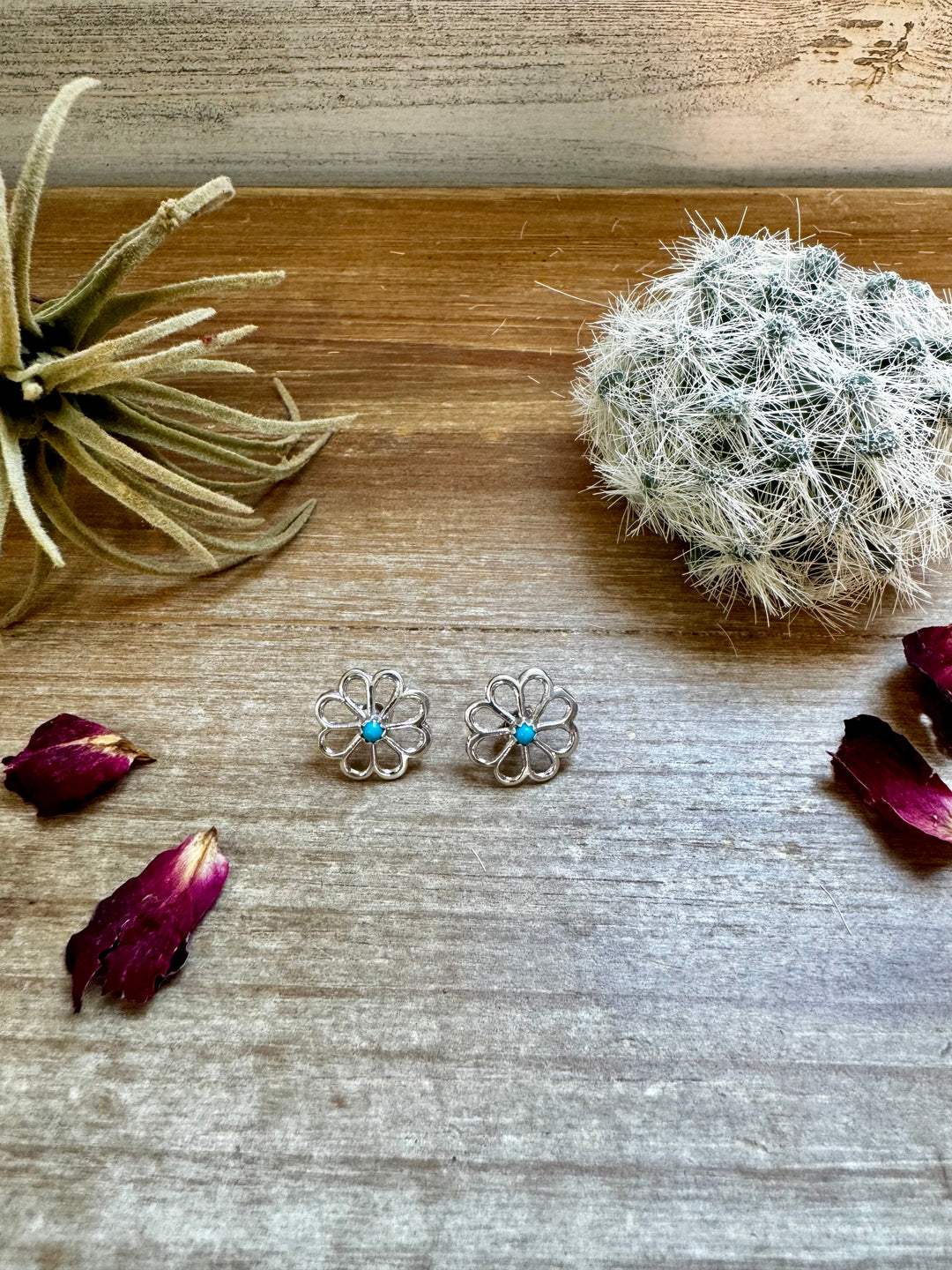 Zuni Cluster Earrings – Small Turquoise Flower in Sterling Silver Earrings Shopify Collective The Bijoux FAB Jewelry The Bijoux FAB Jewelry