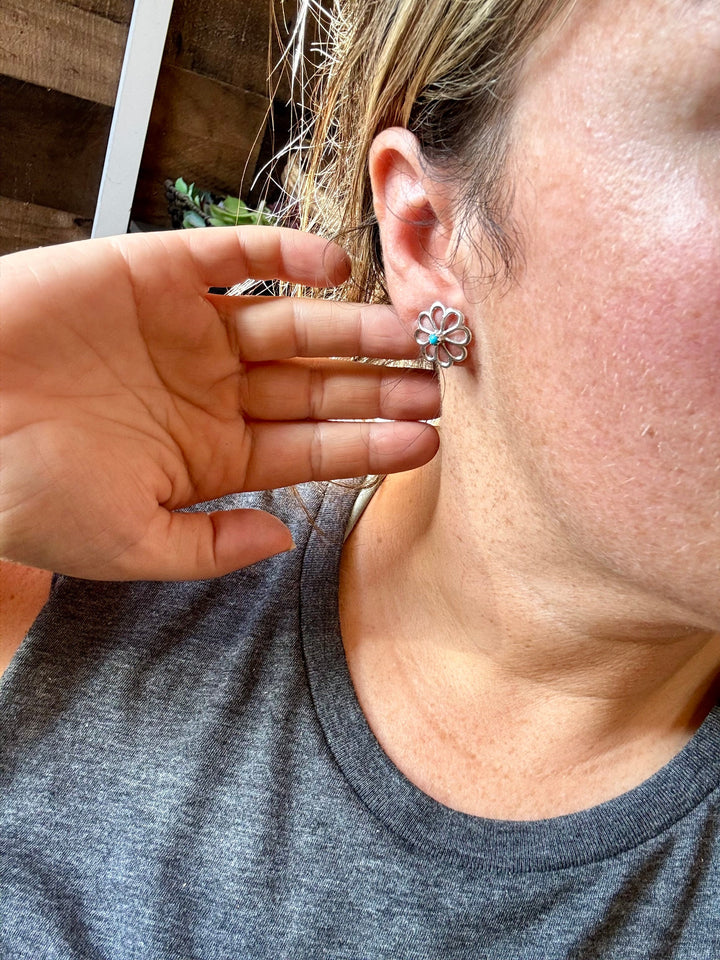 Zuni Cluster Earrings – Small Turquoise Flower in Sterling Silver Earrings Shopify Collective The Bijoux FAB Jewelry The Bijoux FAB Jewelry