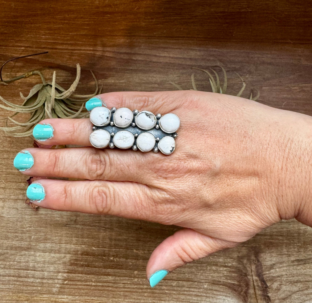 White Buffalo Turquoise Ring – 8-Stone Adjustable Long Statement Ring ring Shopify Collective The Bijoux FAB Jewelry The Bijoux FAB Jewelry