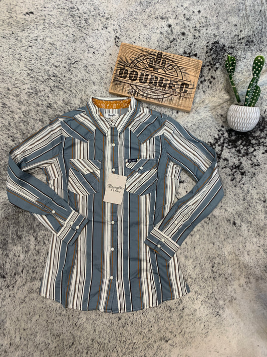 WOMEN'S WRANGLER ALL OCCASION WESTERN SNAP SHIRT IN BLUE STRIPE Women’s Clothing WRANGLER