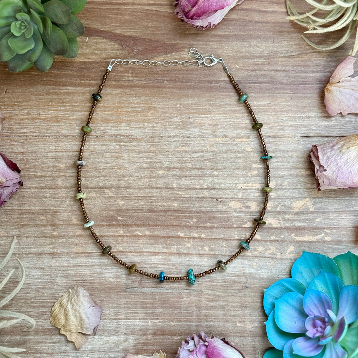14” Bronze Seed Bead Necklace with Real Turquoise rondelle Choker Shopify Collective The Bijoux FAB Jewelry The Bijoux FAB Jewelry