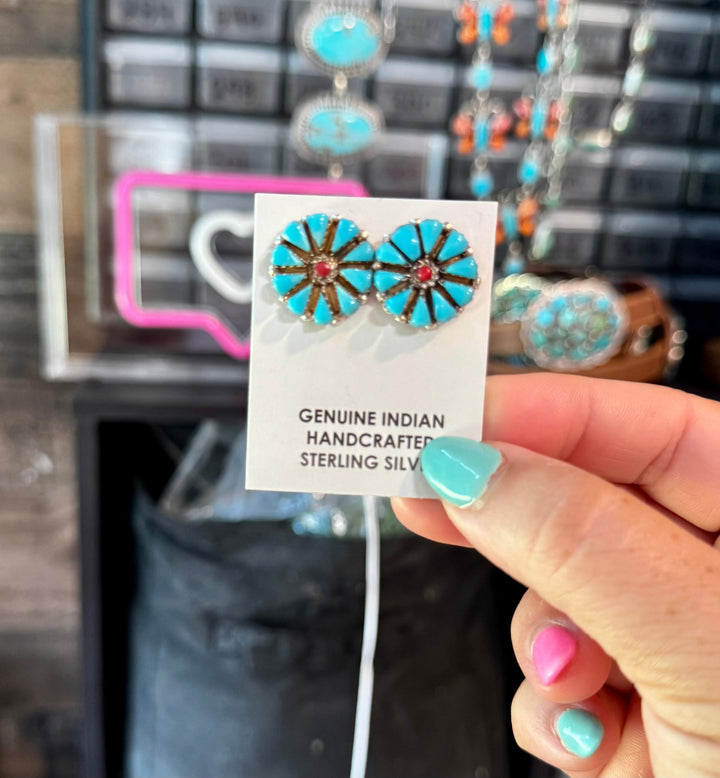 Blue Magnesite Turquoise & Red Cluster Stud Earrings Earrings Shopify Collective The Bijoux FAB Jewelry The Bijoux FAB Jewelry