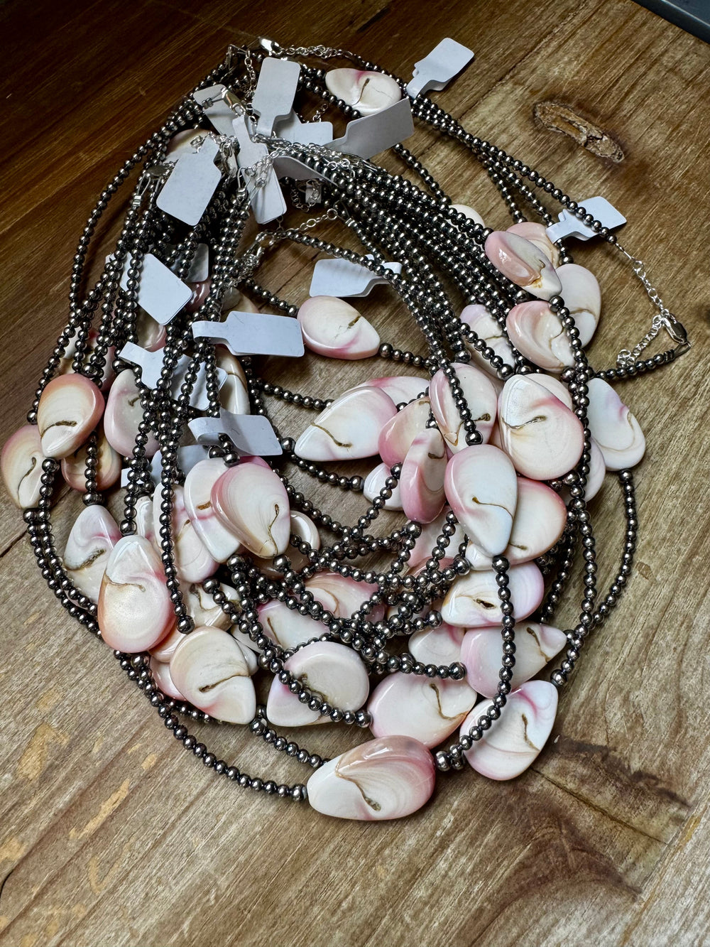Sterling Silver Choker – 3 Flat Pink Conch Teardrops – 14.5" Approx. Necklaces Shopify Collective The Bijoux FAB Jewelry The Bijoux FAB Jewelry