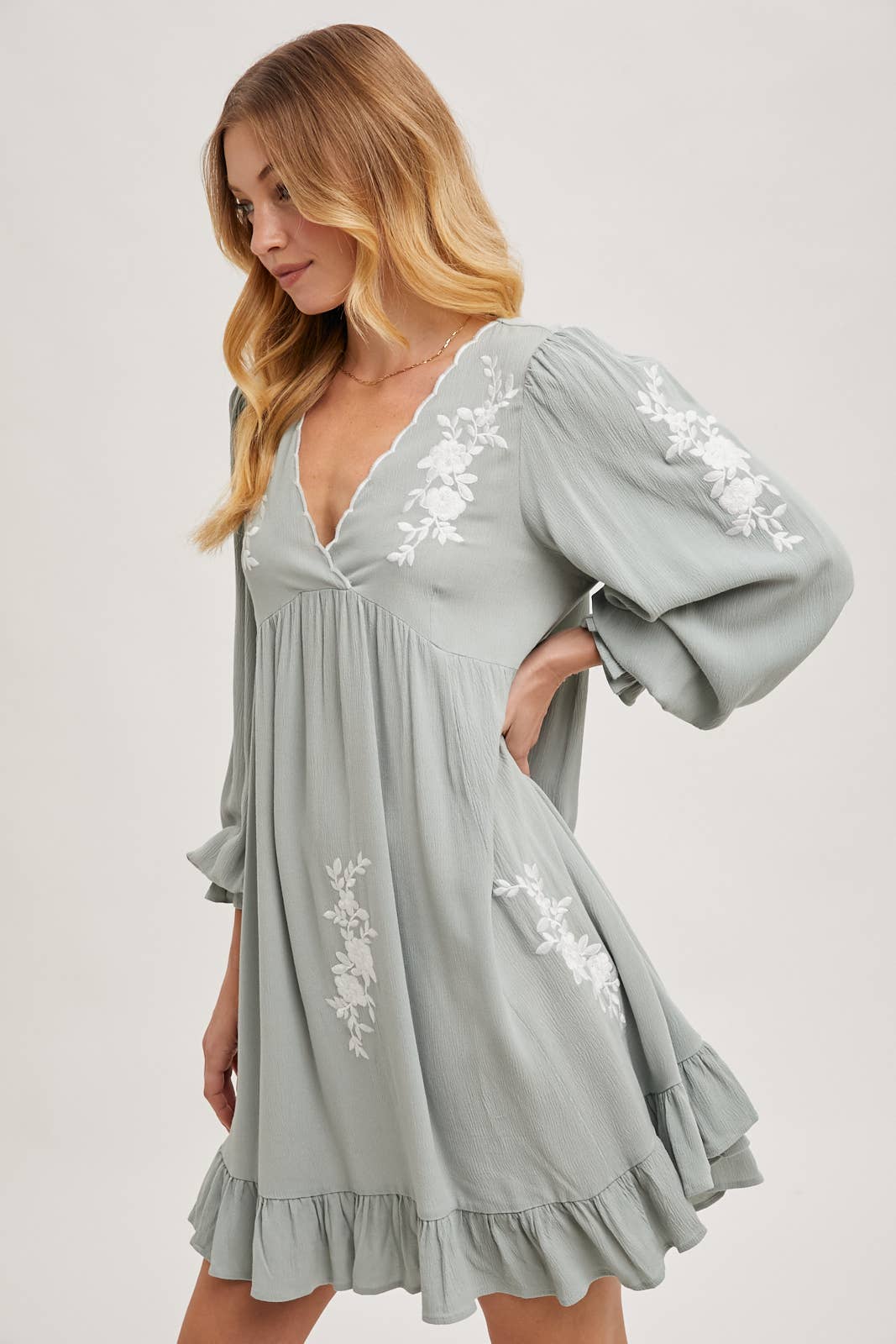 EMBROIDERED V-NECK RUFFLED DRESS dress Bluivy