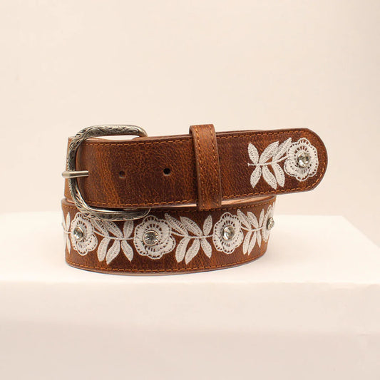 Women's Tan and White Embroidered Flower Belt Belt M & F