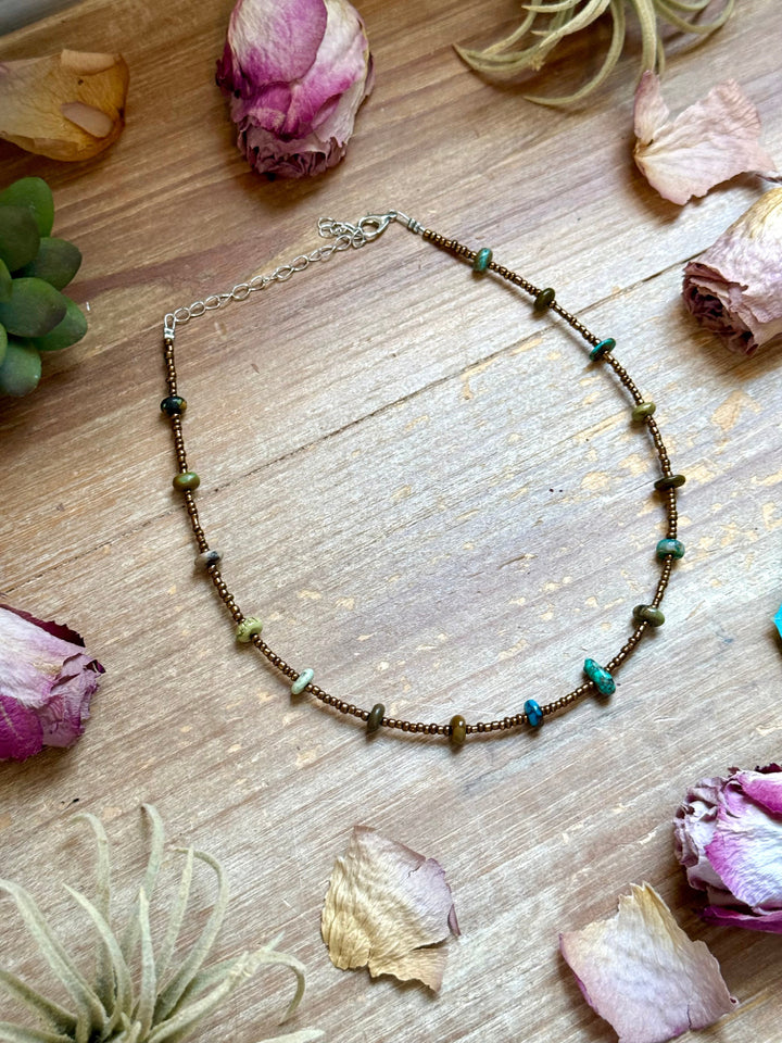 14” Bronze Seed Bead Necklace with Real Turquoise rondelle Choker Shopify Collective The Bijoux FAB Jewelry The Bijoux FAB Jewelry